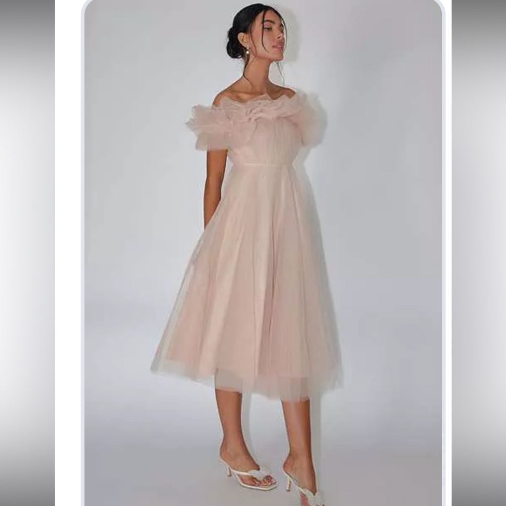 Elegant Pink off shoulder tulle midi Dress